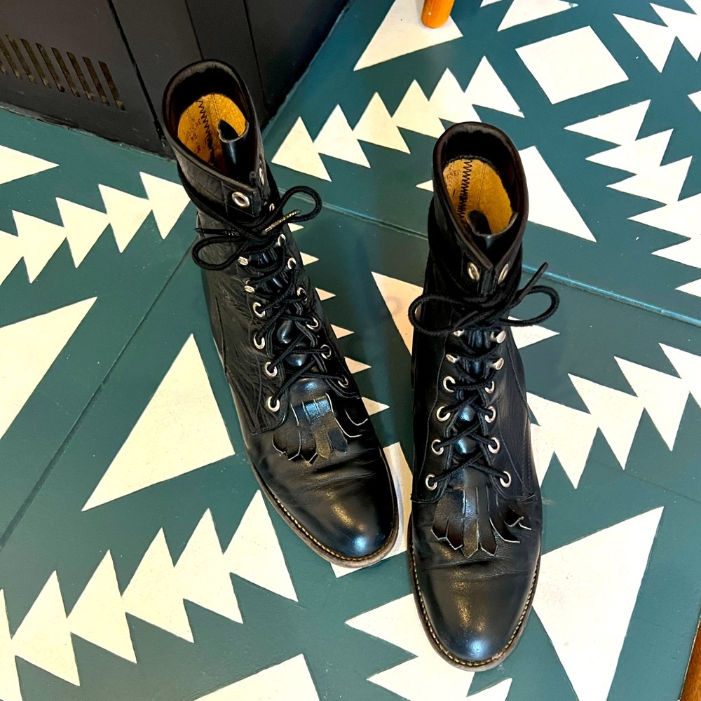 Justin Lace up Black Leather Booties